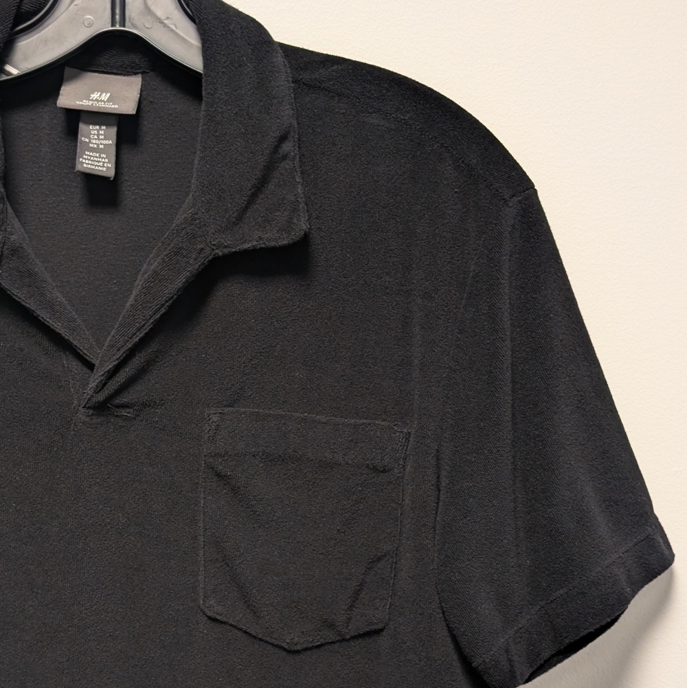 H&M Regular Fit Terry Polo Shirt Black Men's M - Picture 6 of 11